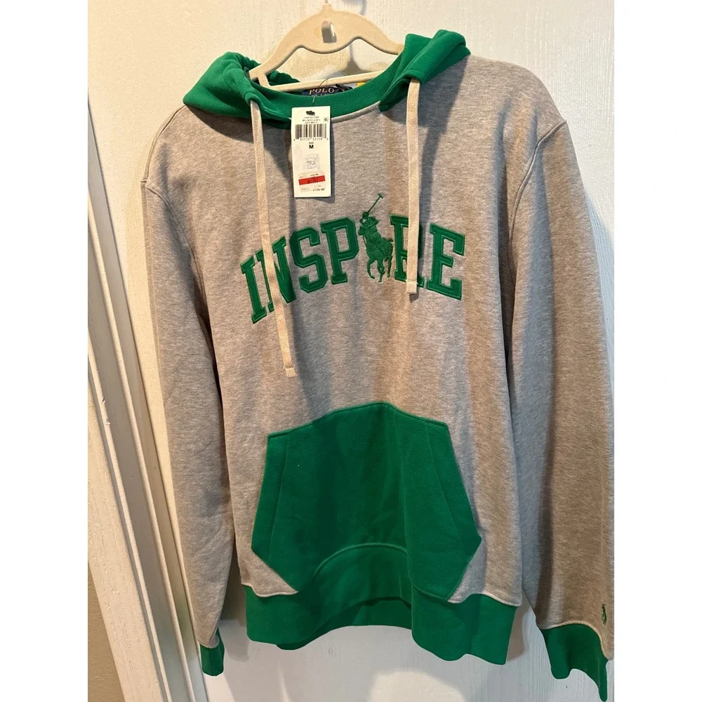 Polo Ralph Lauren Mens Inspire Big Pony Hoodie Grey Green Colorblock Sweatshir M